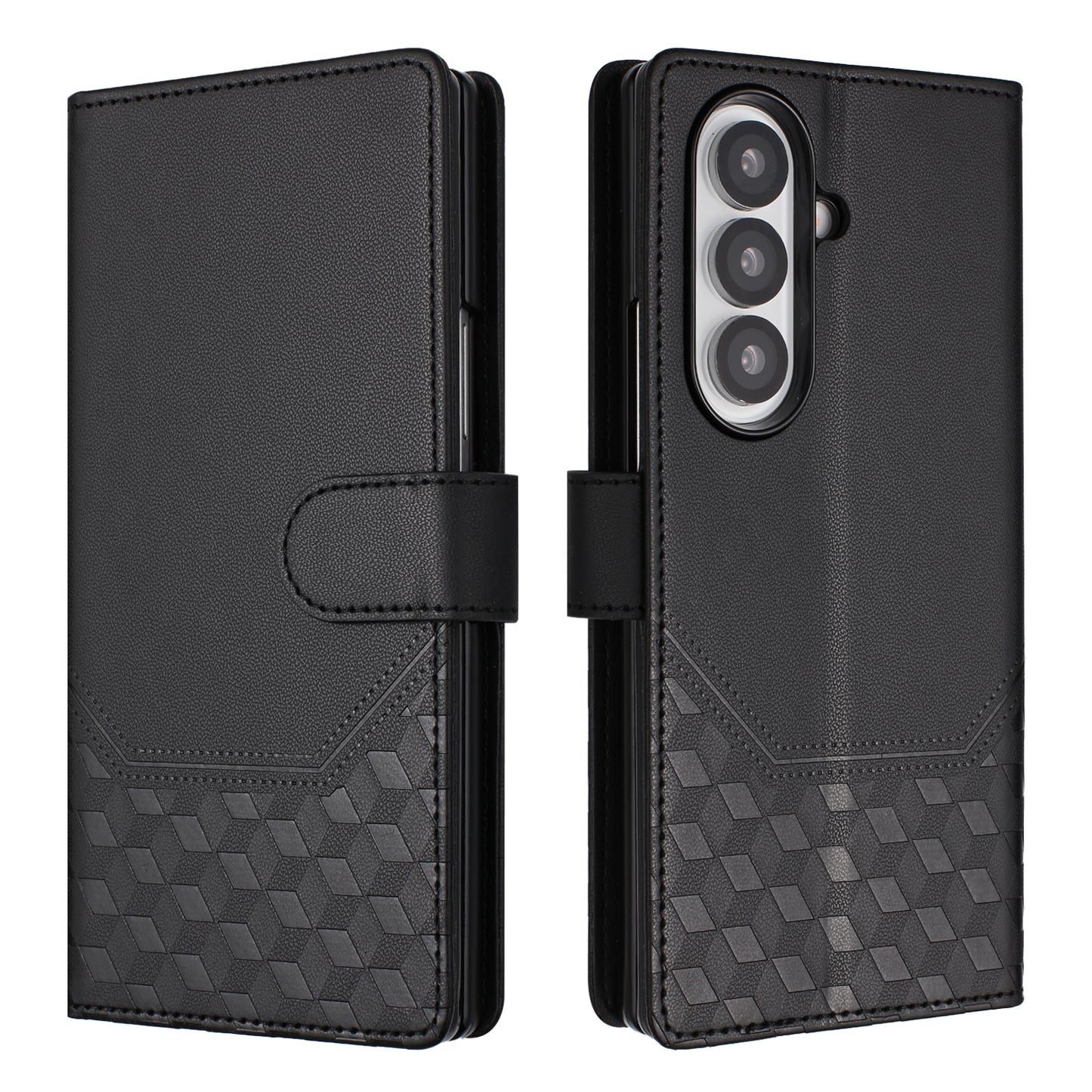 For Samsung Galaxy Z Fold7 5G Case Imprinted Honeycomb RFID Blocking Leather Phone Cover with Strap - Black