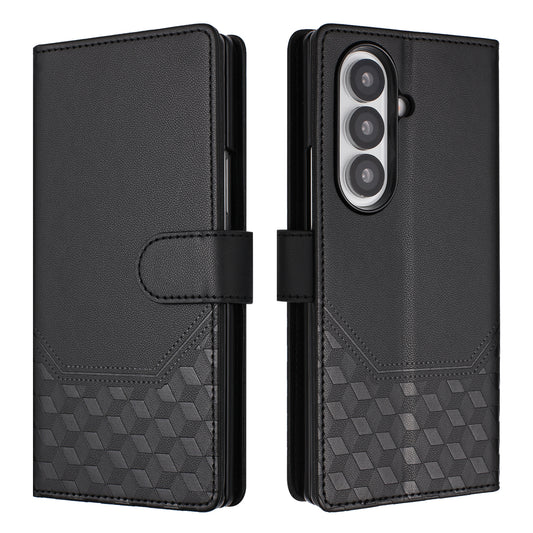 For Samsung Galaxy Z Fold7 5G Case Imprinted Honeycomb RFID Blocking Leather Phone Cover with Strap - Black