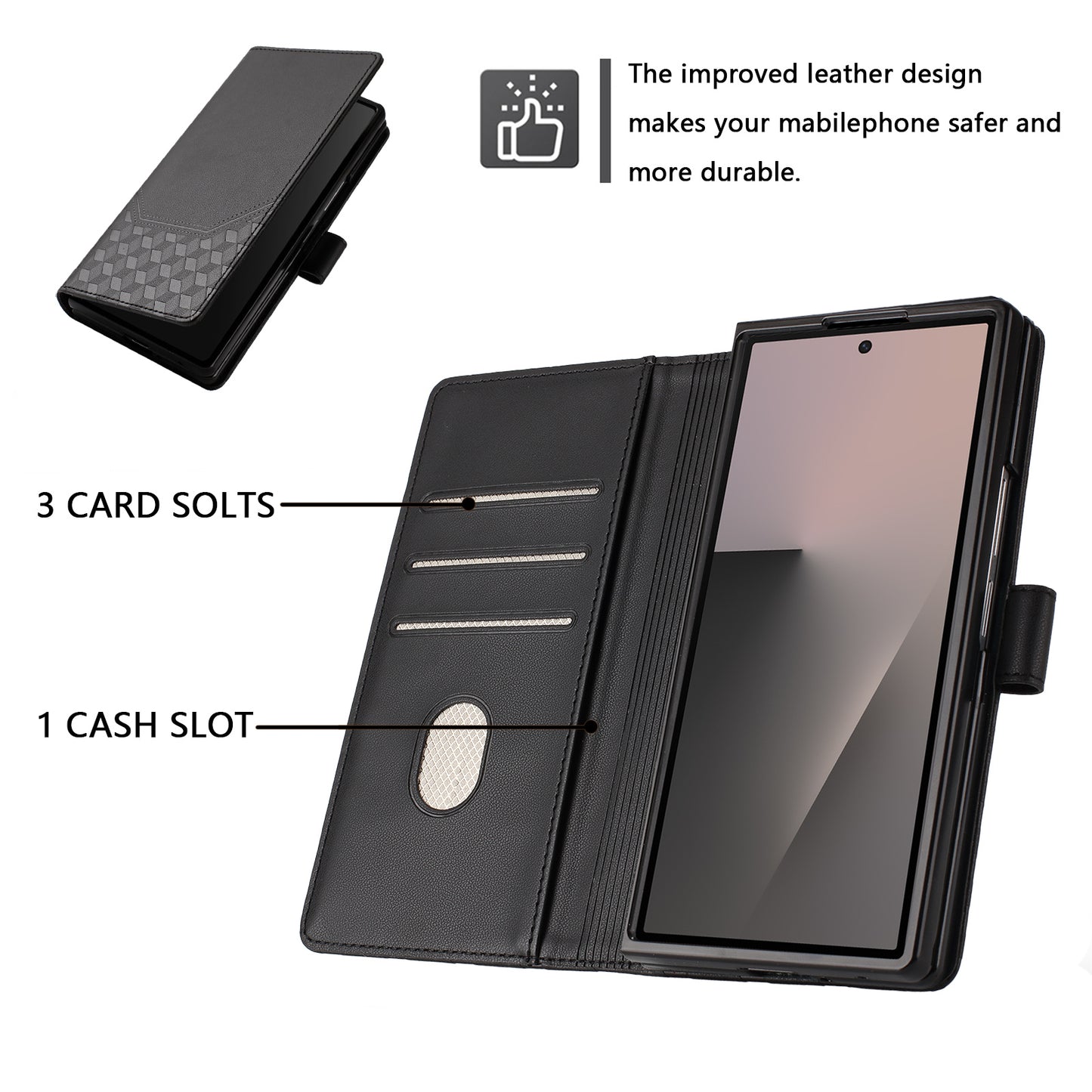 For Samsung Galaxy Z Fold7 5G Case Imprinted Honeycomb RFID Blocking Leather Phone Cover with Strap - Black