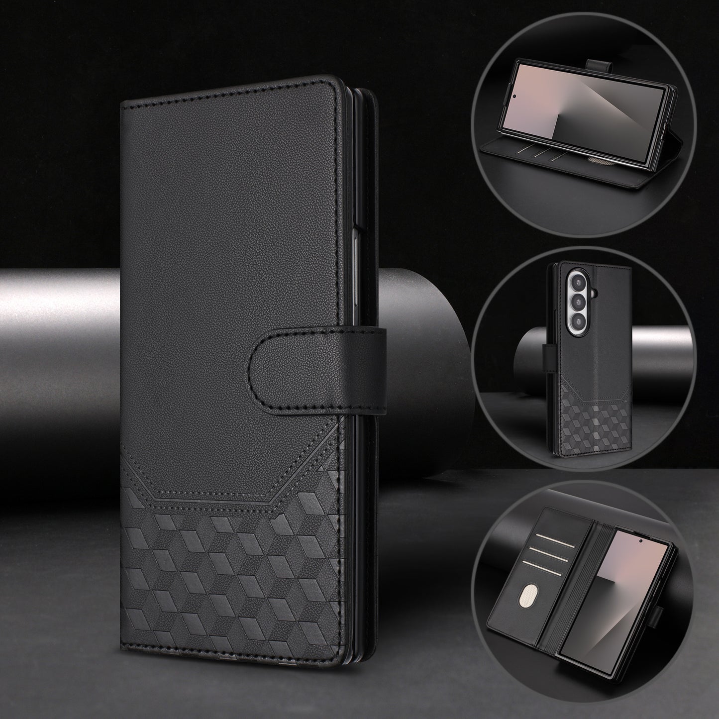 For Samsung Galaxy Z Fold7 5G Case Imprinted Honeycomb RFID Blocking Leather Phone Cover with Strap - Black