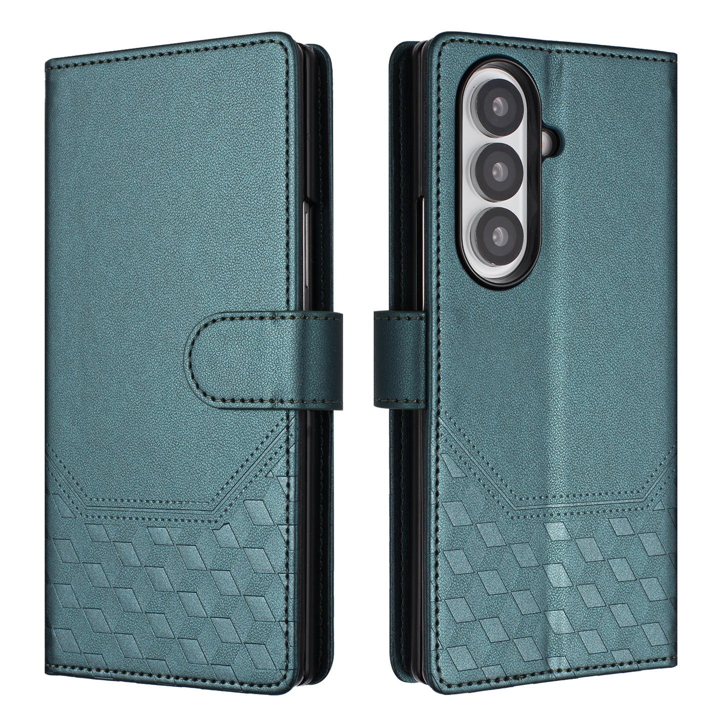 For Samsung Galaxy Z Fold7 5G Case Imprinted Honeycomb RFID Blocking Leather Phone Cover with Strap - Green