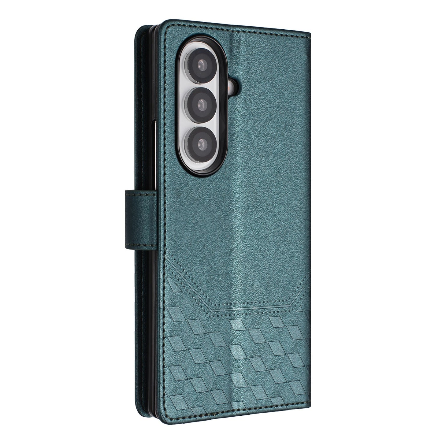For Samsung Galaxy Z Fold7 5G Case Imprinted Honeycomb RFID Blocking Leather Phone Cover with Strap - Green