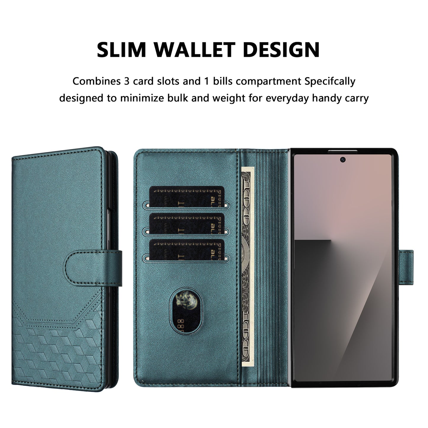 For Samsung Galaxy Z Fold7 5G Case Imprinted Honeycomb RFID Blocking Leather Phone Cover with Strap - Green