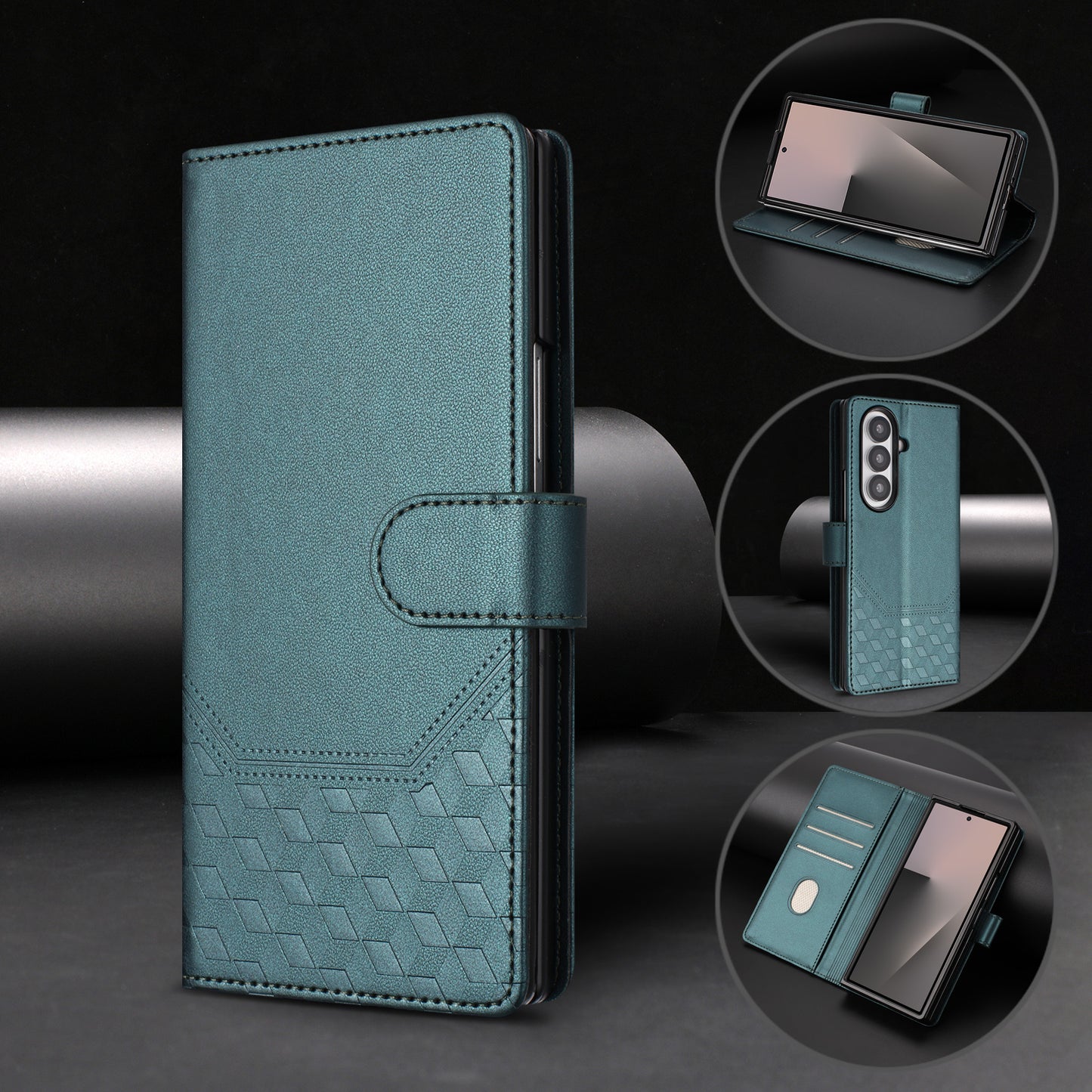 For Samsung Galaxy Z Fold7 5G Case Imprinted Honeycomb RFID Blocking Leather Phone Cover with Strap - Green