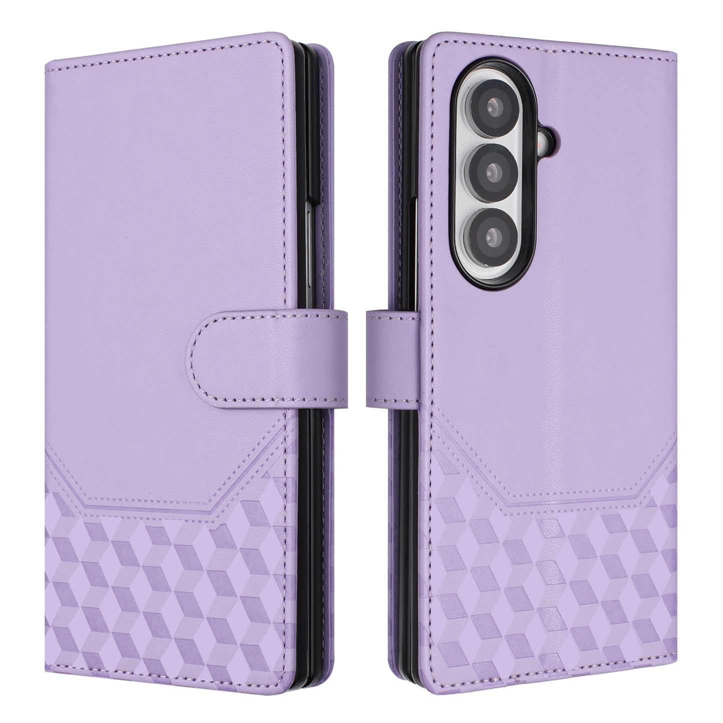 For Samsung Galaxy Z Fold7 5G Case Imprinted Honeycomb RFID Blocking Leather Phone Cover with Strap - Light Purple