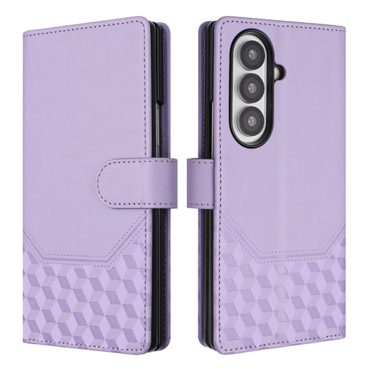 For Samsung Galaxy Z Fold7 5G Case Imprinted Honeycomb RFID Blocking Leather Phone Cover with Strap - Light Purple