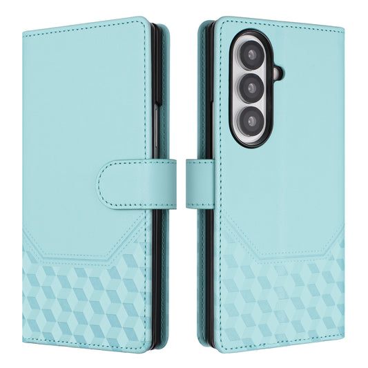For Samsung Galaxy Z Fold7 5G Case Imprinted Honeycomb RFID Blocking Leather Phone Cover with Strap - Mint Green