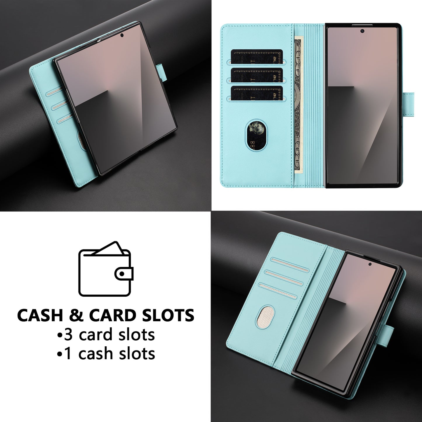 For Samsung Galaxy Z Fold7 5G Case Imprinted Honeycomb RFID Blocking Leather Phone Cover with Strap - Mint Green