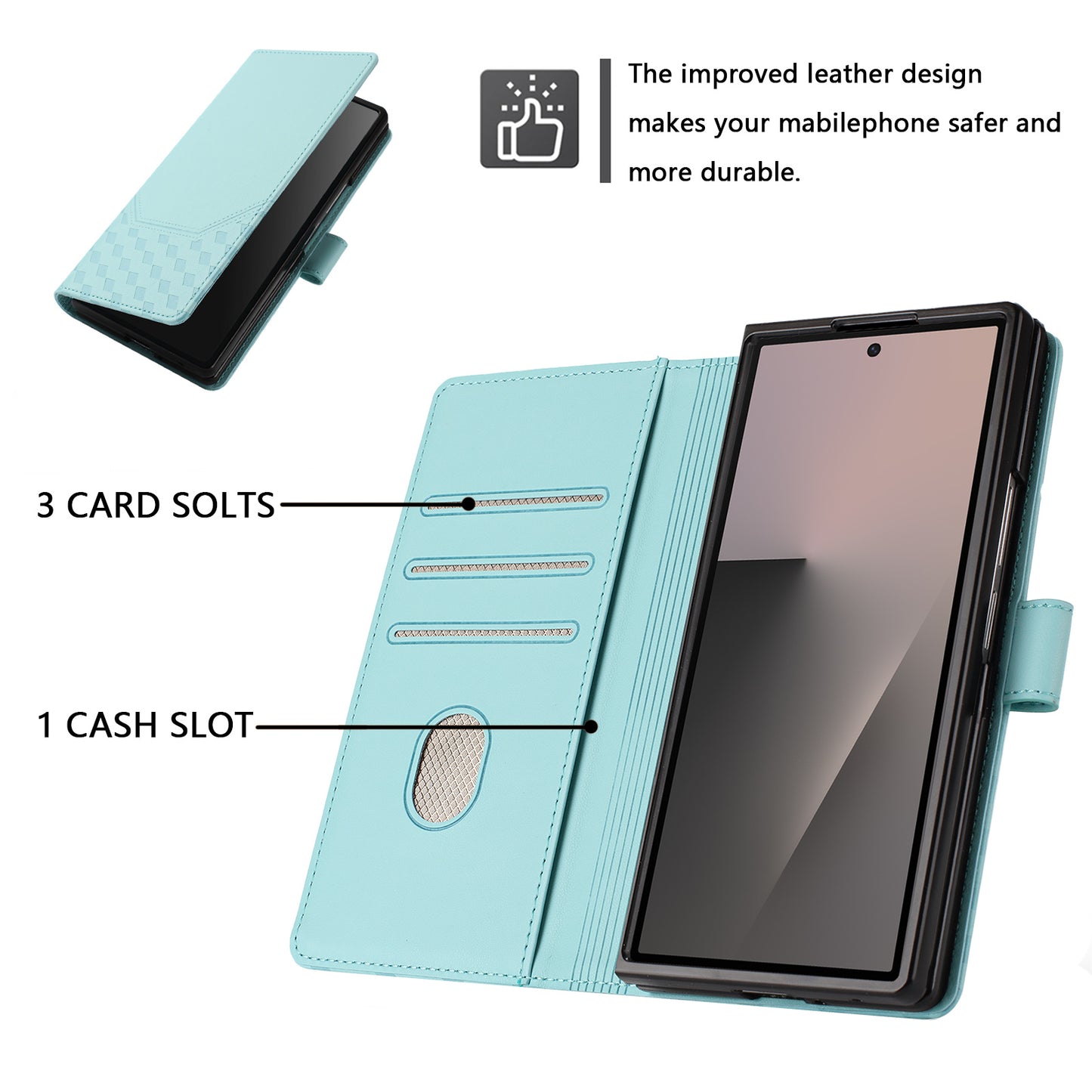 For Samsung Galaxy Z Fold7 5G Case Imprinted Honeycomb RFID Blocking Leather Phone Cover with Strap - Mint Green