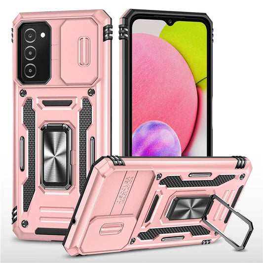 For Samsung Galaxy A03s (164.2 x 75.9 x 9.1mm) Armor Series Drop-proof Hybrid Hard PC Soft TPU Shockproof Case Ring Car Mount Kickstand Back Shell with Camera Cover - Rose Gold