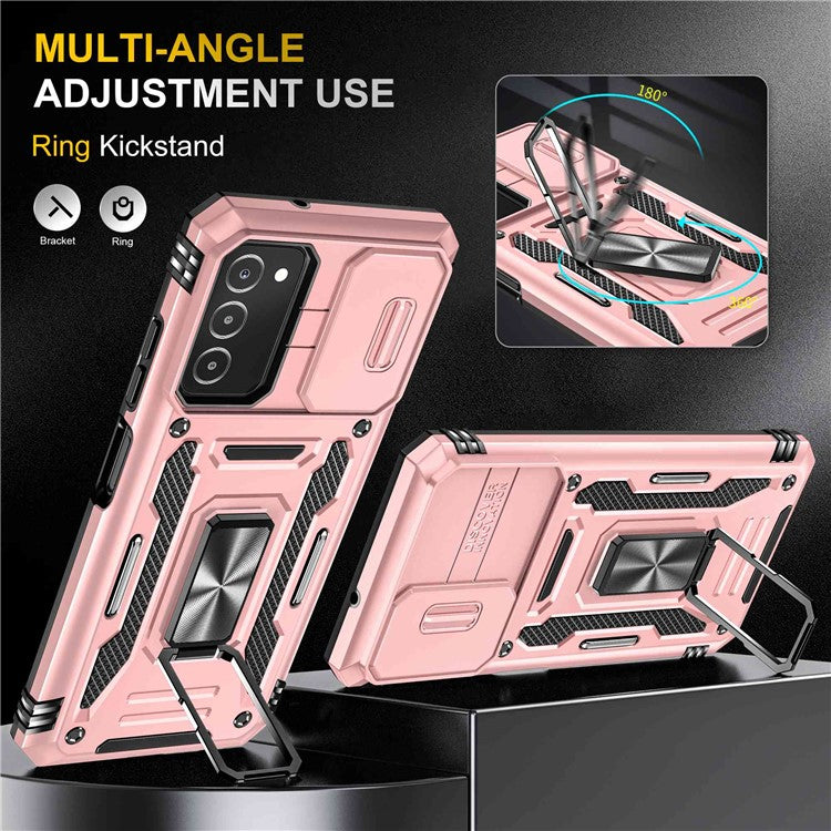 For Samsung Galaxy A03s (164.2 x 75.9 x 9.1mm) Armor Series Drop-proof Hybrid Hard PC Soft TPU Shockproof Case Ring Car Mount Kickstand Back Shell with Camera Cover - Rose Gold