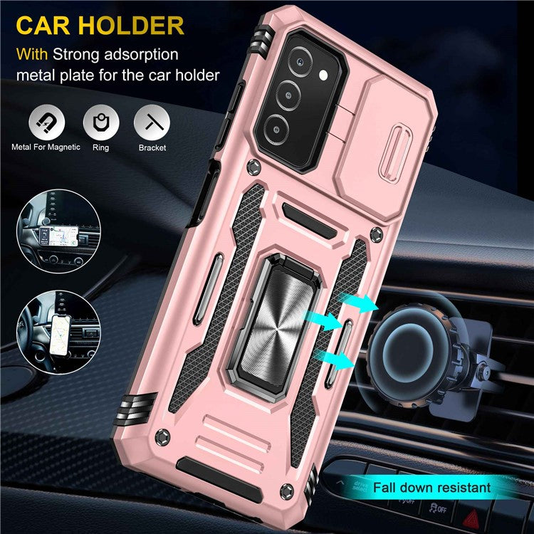 For Samsung Galaxy A03s (164.2 x 75.9 x 9.1mm) Armor Series Drop-proof Hybrid Hard PC Soft TPU Shockproof Case Ring Car Mount Kickstand Back Shell with Camera Cover - Rose Gold