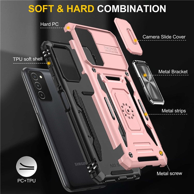 For Samsung Galaxy A03s (164.2 x 75.9 x 9.1mm) Armor Series Drop-proof Hybrid Hard PC Soft TPU Shockproof Case Ring Car Mount Kickstand Back Shell with Camera Cover - Rose Gold