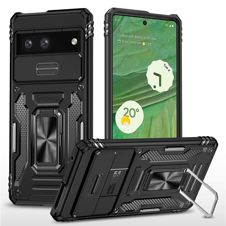 Phone Case for Google Pixel 7 5G Armor Series Hard PC Soft TPU Shockproof Case with Kickstand / Sliding Camera Cover - Black
