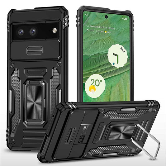 Phone Case for Google Pixel 7 5G Armor Series Hard PC Soft TPU Shockproof Case with Kickstand / Sliding Camera Cover - Black