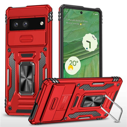 Phone Case for Google Pixel 7 5G Armor Series Hard PC Soft TPU Shockproof Case with Kickstand / Sliding Camera Cover - Red