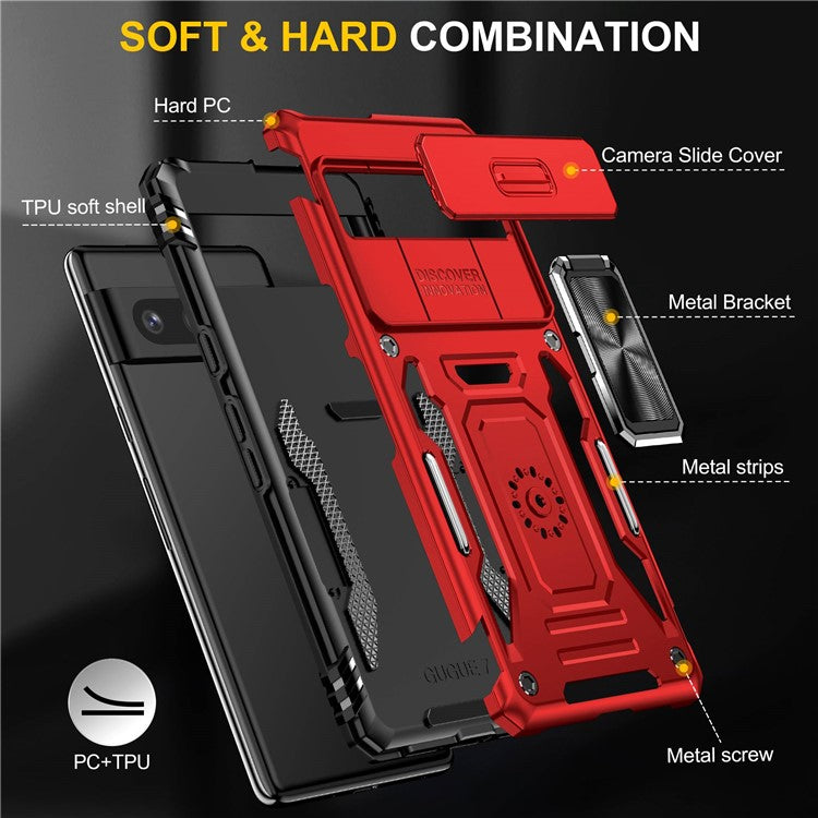 Phone Case for Google Pixel 7 5G Armor Series Hard PC Soft TPU Shockproof Case with Kickstand / Sliding Camera Cover - Red