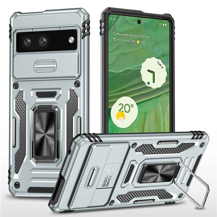 Phone Case for Google Pixel 7 5G Armor Series Hard PC Soft TPU Shockproof Case with Kickstand / Sliding Camera Cover - Grey
