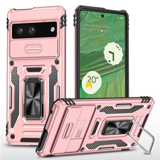 Phone Case for Google Pixel 7 5G Armor Series Hard PC Soft TPU Shockproof Case with Kickstand / Sliding Camera Cover - Rose Gold