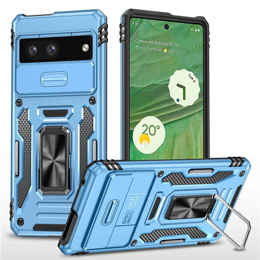 Phone Case for Google Pixel 7 5G Armor Series Hard PC Soft TPU Shockproof Case with Kickstand / Sliding Camera Cover - Light Blue