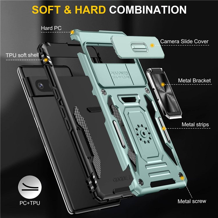 Phone Case for Google Pixel 7 5G Armor Series Hard PC Soft TPU Shockproof Case with Kickstand / Sliding Camera Cover - Alpine Green