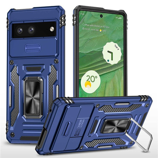 Phone Case for Google Pixel 7 5G Armor Series Hard PC Soft TPU Shockproof Case with Kickstand / Sliding Camera Cover - Navy Blue