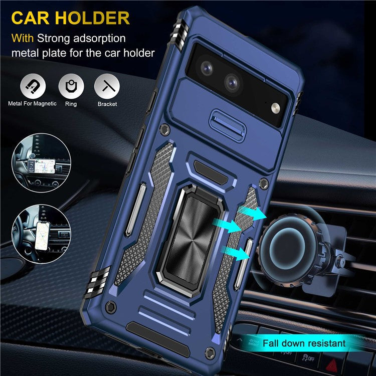 Phone Case for Google Pixel 7 5G Armor Series Hard PC Soft TPU Shockproof Case with Kickstand / Sliding Camera Cover - Navy Blue