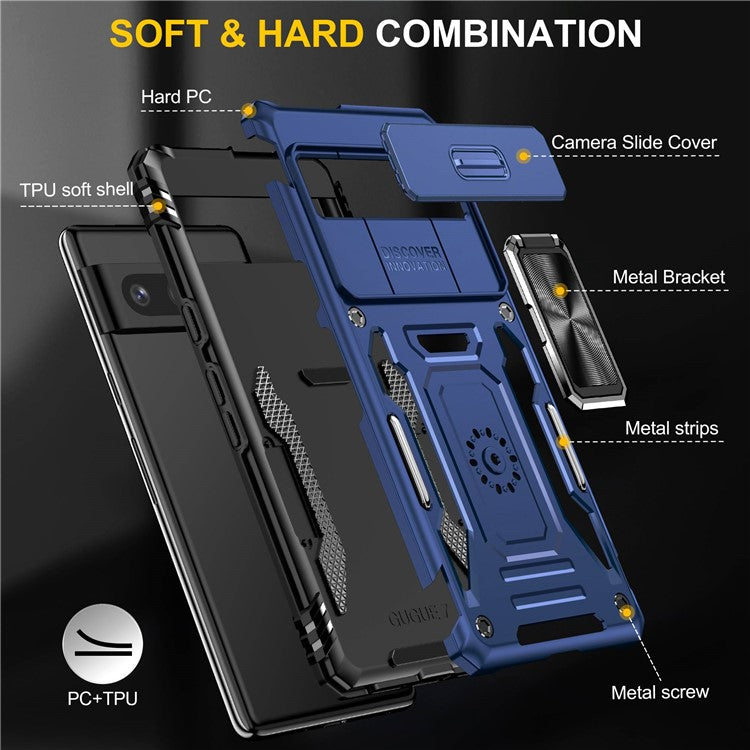 Phone Case for Google Pixel 7 5G Armor Series Hard PC Soft TPU Shockproof Case with Kickstand / Sliding Camera Cover - Navy Blue