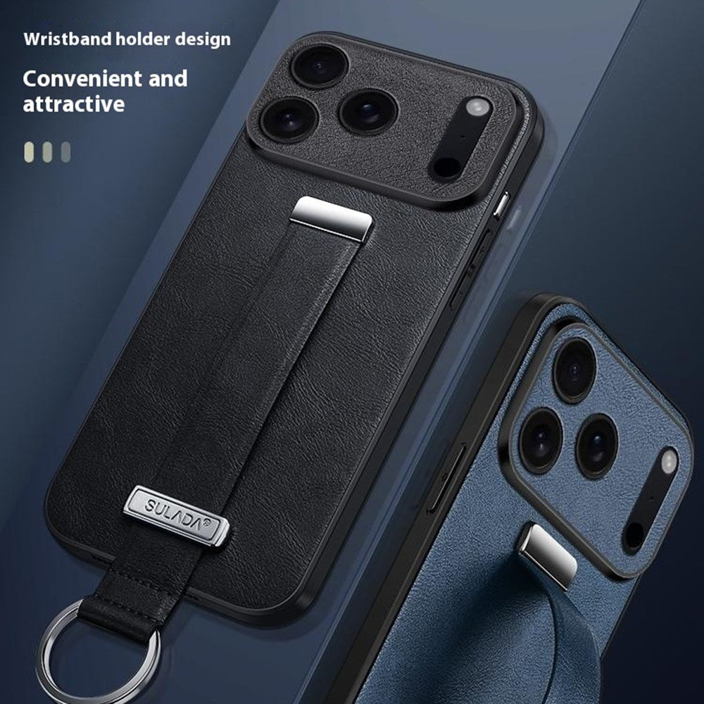 SULADA Fashion Series for iPhone 17 Pro Max Case Wristband Kickstand Leather Back Phone Cover - Black
