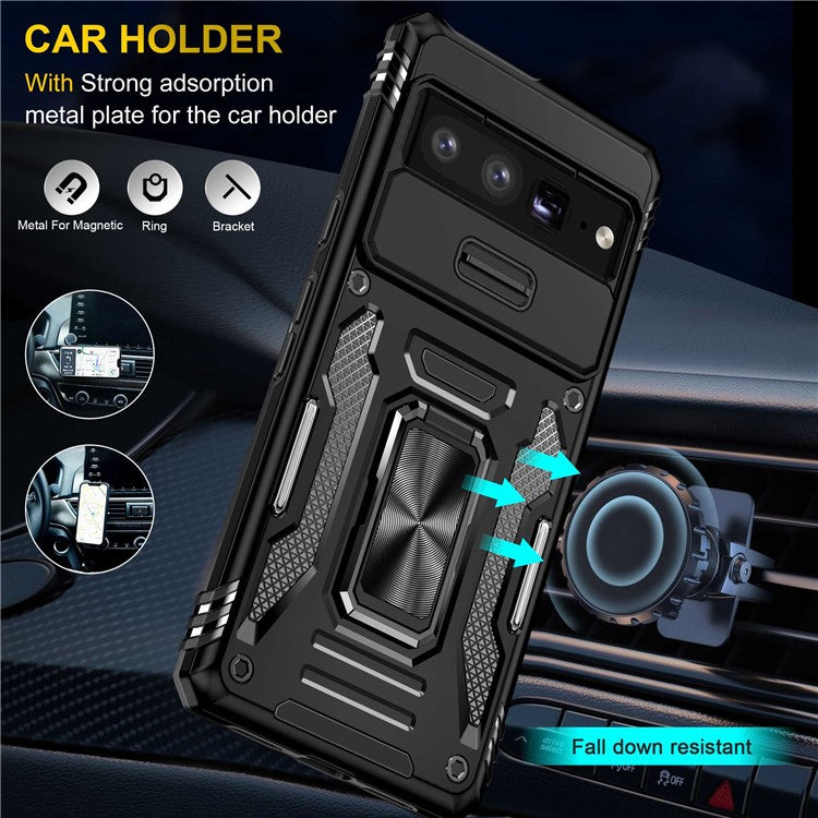 Armor Series Hard PC Soft TPU Case for Google Pixel 7 Pro 5G Shockproof Phone Cover Protective Kickstand Case with Sliding Camera Cover - Black