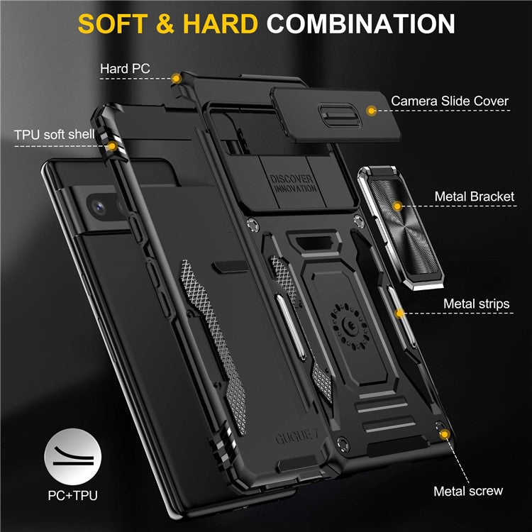 Armor Series Hard PC Soft TPU Case for Google Pixel 7 Pro 5G Shockproof Phone Cover Protective Kickstand Case with Sliding Camera Cover - Black