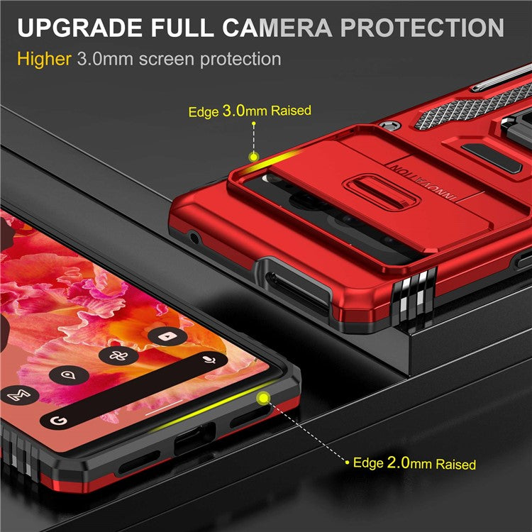 Armor Series Hard PC Soft TPU Case for Google Pixel 7 Pro 5G Shockproof Phone Cover Protective Kickstand Case with Sliding Camera Cover - Red