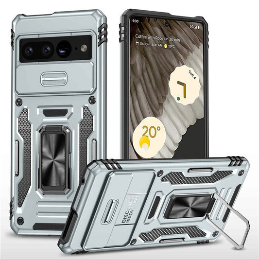 Armor Series Hard PC Soft TPU Case for Google Pixel 7 Pro 5G Shockproof Phone Cover Protective Kickstand Case with Sliding Camera Cover - Grey