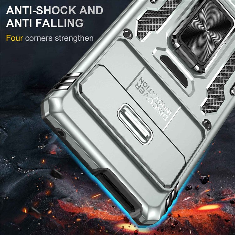 Armor Series Hard PC Soft TPU Case for Google Pixel 7 Pro 5G Shockproof Phone Cover Protective Kickstand Case with Sliding Camera Cover - Grey