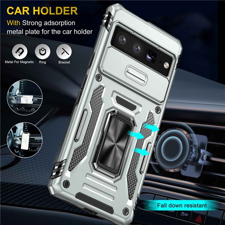 Armor Series Hard PC Soft TPU Case for Google Pixel 7 Pro 5G Shockproof Phone Cover Protective Kickstand Case with Sliding Camera Cover - Grey