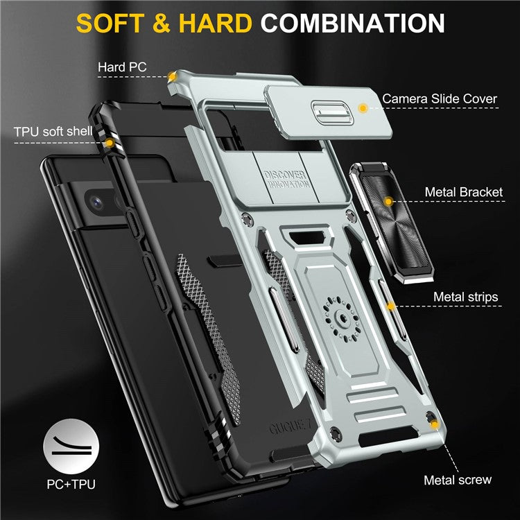 Armor Series Hard PC Soft TPU Case for Google Pixel 7 Pro 5G Shockproof Phone Cover Protective Kickstand Case with Sliding Camera Cover - Grey