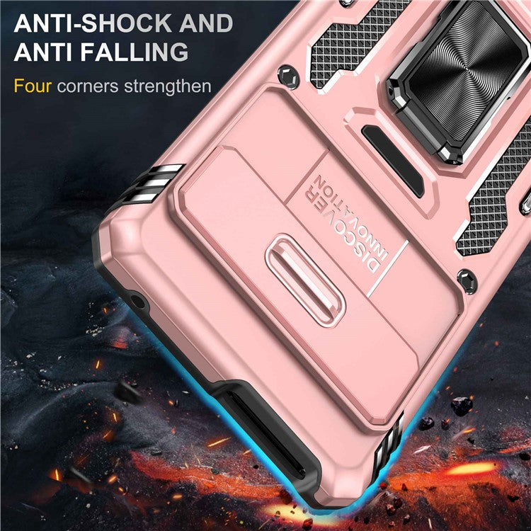 Armor Series Hard PC Soft TPU Case for Google Pixel 7 Pro 5G Shockproof Phone Cover Protective Kickstand Case with Sliding Camera Cover - Rose Gold