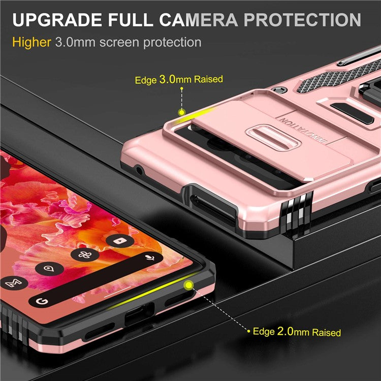 Armor Series Hard PC Soft TPU Case for Google Pixel 7 Pro 5G Shockproof Phone Cover Protective Kickstand Case with Sliding Camera Cover - Rose Gold