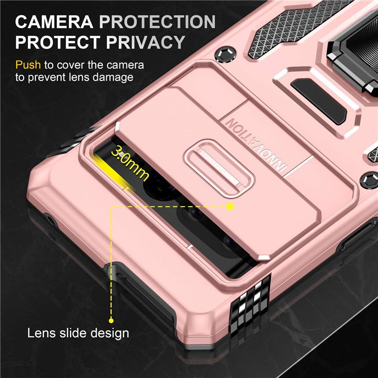 Armor Series Hard PC Soft TPU Case for Google Pixel 7 Pro 5G Shockproof Phone Cover Protective Kickstand Case with Sliding Camera Cover - Rose Gold