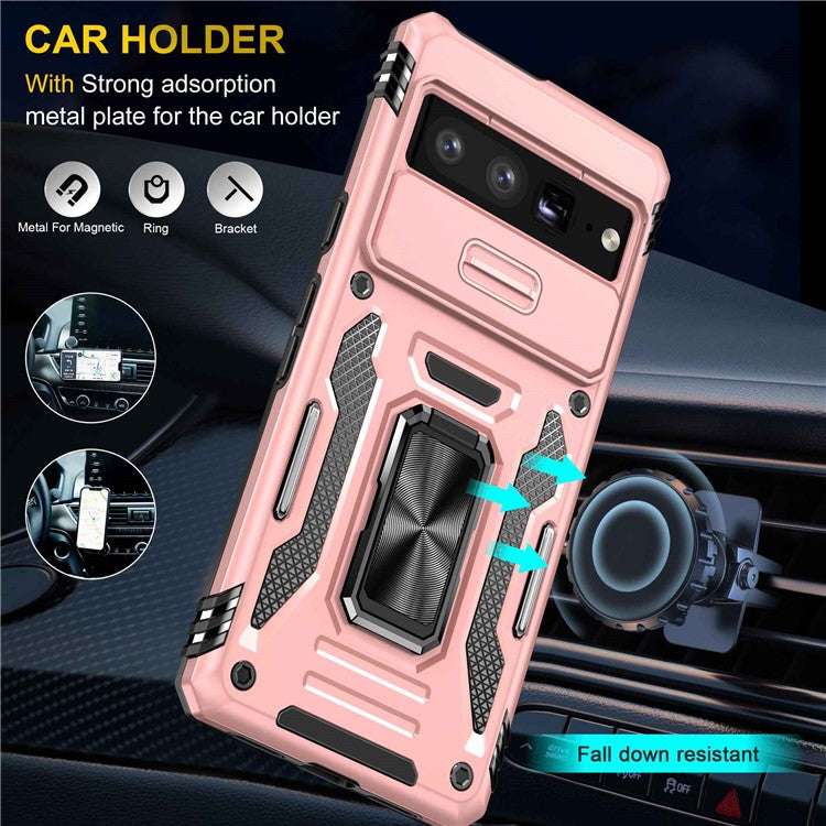 Armor Series Hard PC Soft TPU Case for Google Pixel 7 Pro 5G Shockproof Phone Cover Protective Kickstand Case with Sliding Camera Cover - Rose Gold