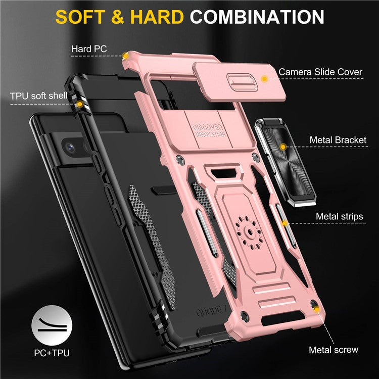 Armor Series Hard PC Soft TPU Case for Google Pixel 7 Pro 5G Shockproof Phone Cover Protective Kickstand Case with Sliding Camera Cover - Rose Gold