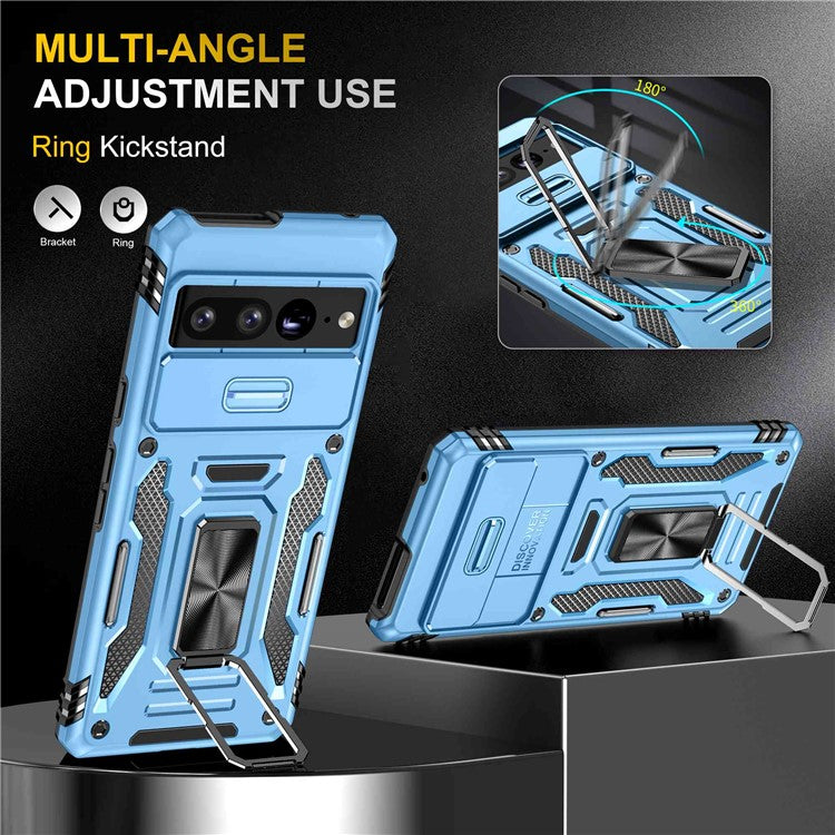 Armor Series Hard PC Soft TPU Case for Google Pixel 7 Pro 5G Shockproof Phone Cover Protective Kickstand Case with Sliding Camera Cover - Light Blue