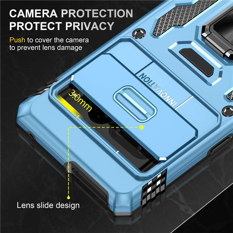Armor Series Hard PC Soft TPU Case for Google Pixel 7 Pro 5G Shockproof Phone Cover Protective Kickstand Case with Sliding Camera Cover - Light Blue