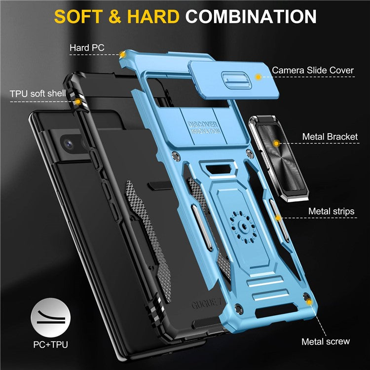 Armor Series Hard PC Soft TPU Case for Google Pixel 7 Pro 5G Shockproof Phone Cover Protective Kickstand Case with Sliding Camera Cover - Light Blue