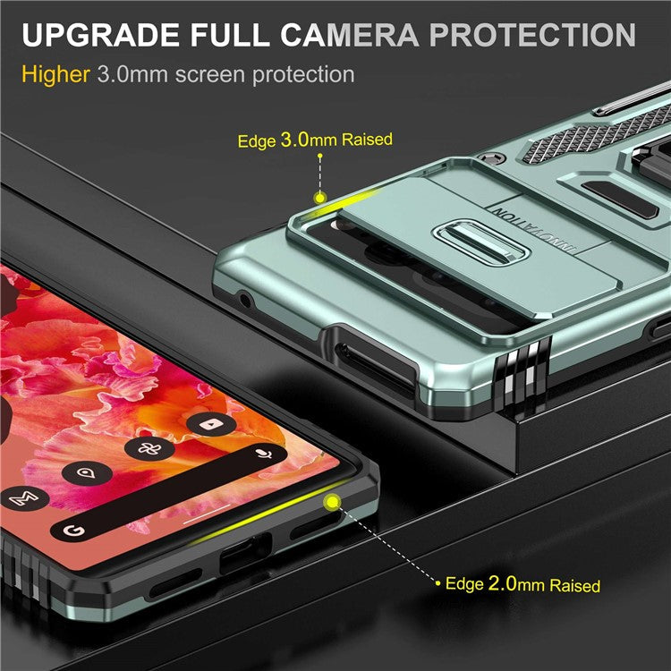 Armor Series Hard PC Soft TPU Case for Google Pixel 7 Pro 5G Shockproof Phone Cover Protective Kickstand Case with Sliding Camera Cover - Alpine Green