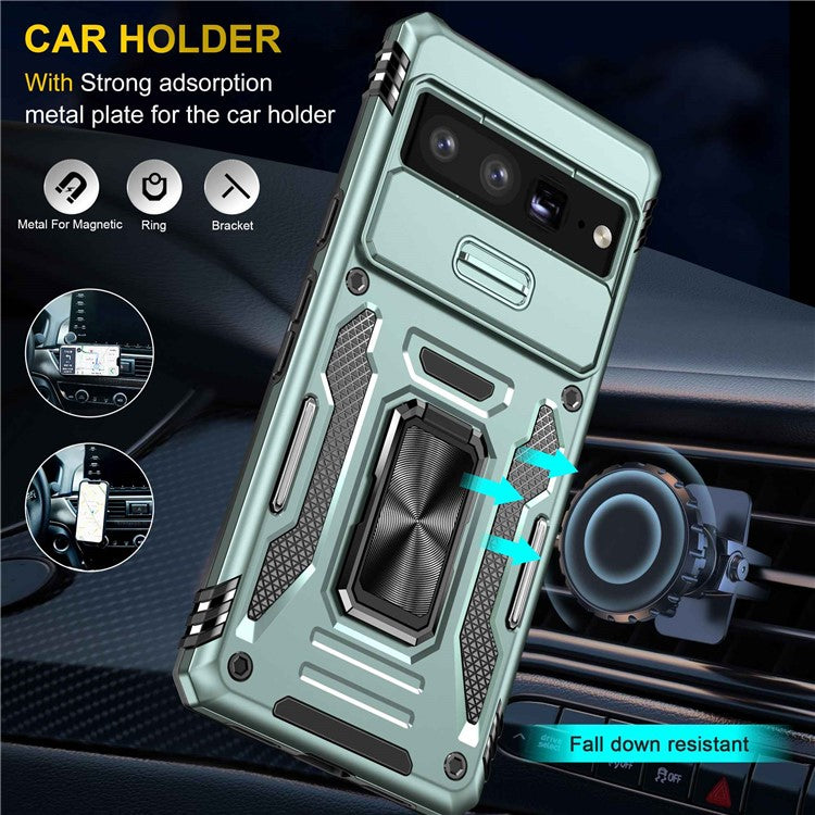 Armor Series Hard PC Soft TPU Case for Google Pixel 7 Pro 5G Shockproof Phone Cover Protective Kickstand Case with Sliding Camera Cover - Alpine Green