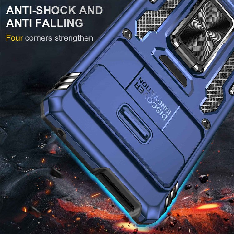 Armor Series Hard PC Soft TPU Case for Google Pixel 7 Pro 5G Shockproof Phone Cover Protective Kickstand Case with Sliding Camera Cover - Navy Blue