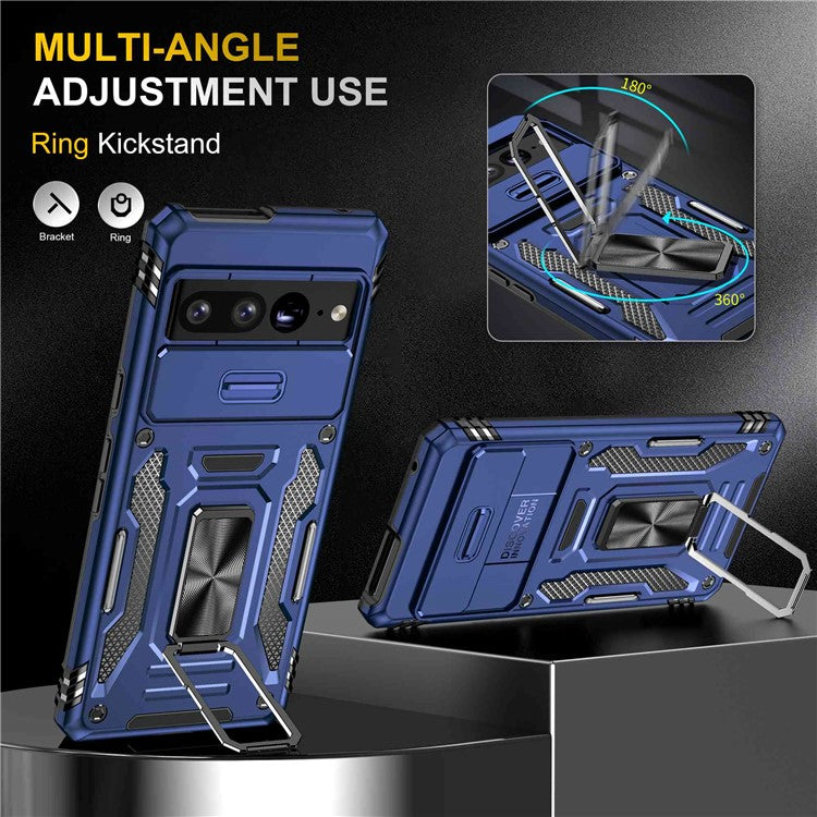 Armor Series Hard PC Soft TPU Case for Google Pixel 7 Pro 5G Shockproof Phone Cover Protective Kickstand Case with Sliding Camera Cover - Navy Blue