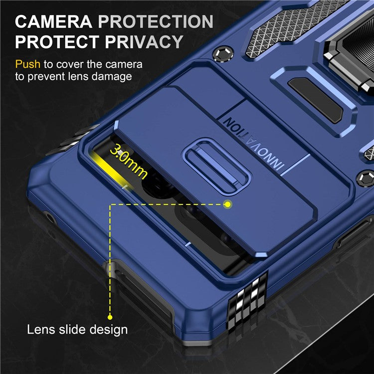 Armor Series Hard PC Soft TPU Case for Google Pixel 7 Pro 5G Shockproof Phone Cover Protective Kickstand Case with Sliding Camera Cover - Navy Blue