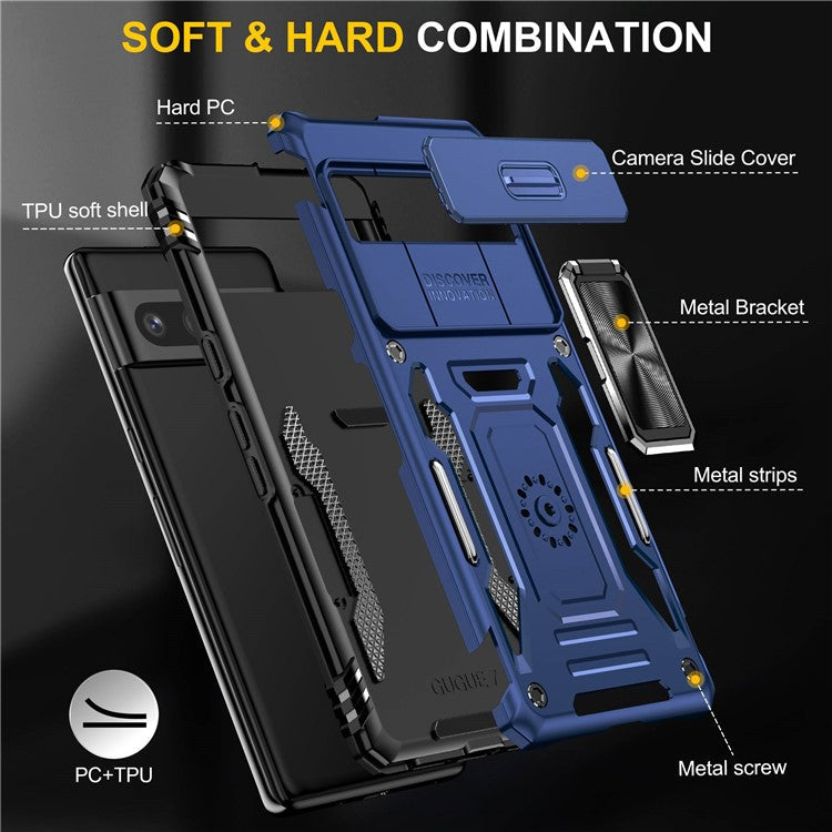 Armor Series Hard PC Soft TPU Case for Google Pixel 7 Pro 5G Shockproof Phone Cover Protective Kickstand Case with Sliding Camera Cover - Navy Blue